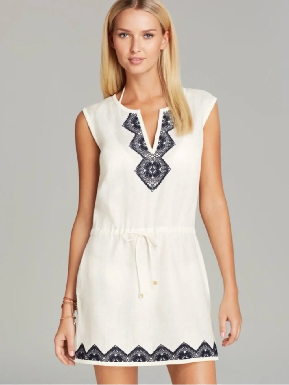 Tory Burch Margarita‎ Cream Linen Tunic Cover-Up Navy Blue Embroidery Size XS